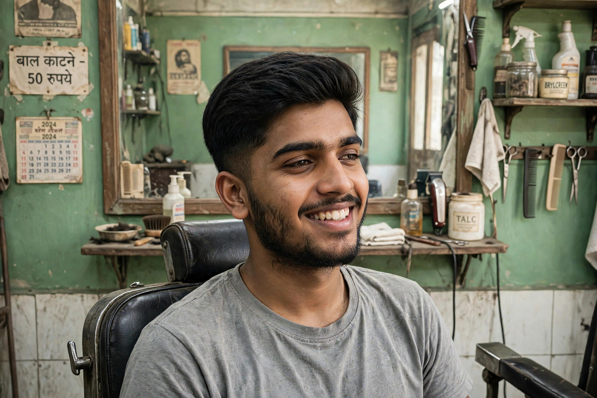 Same man with a neat, stylish haircut, full of confidence
